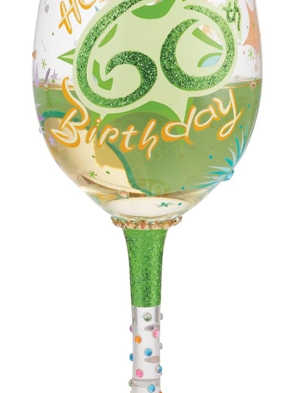 Lolita Green Glitter 60th Birthday Wine Glass with Multicolor Dots